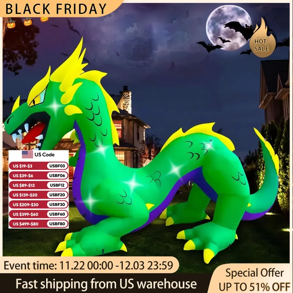 15 Ft Long Halloween Inflatable Serpent Dragon Decoration,LED Light Up Giant Blow Up Dragon for Halloween Decor