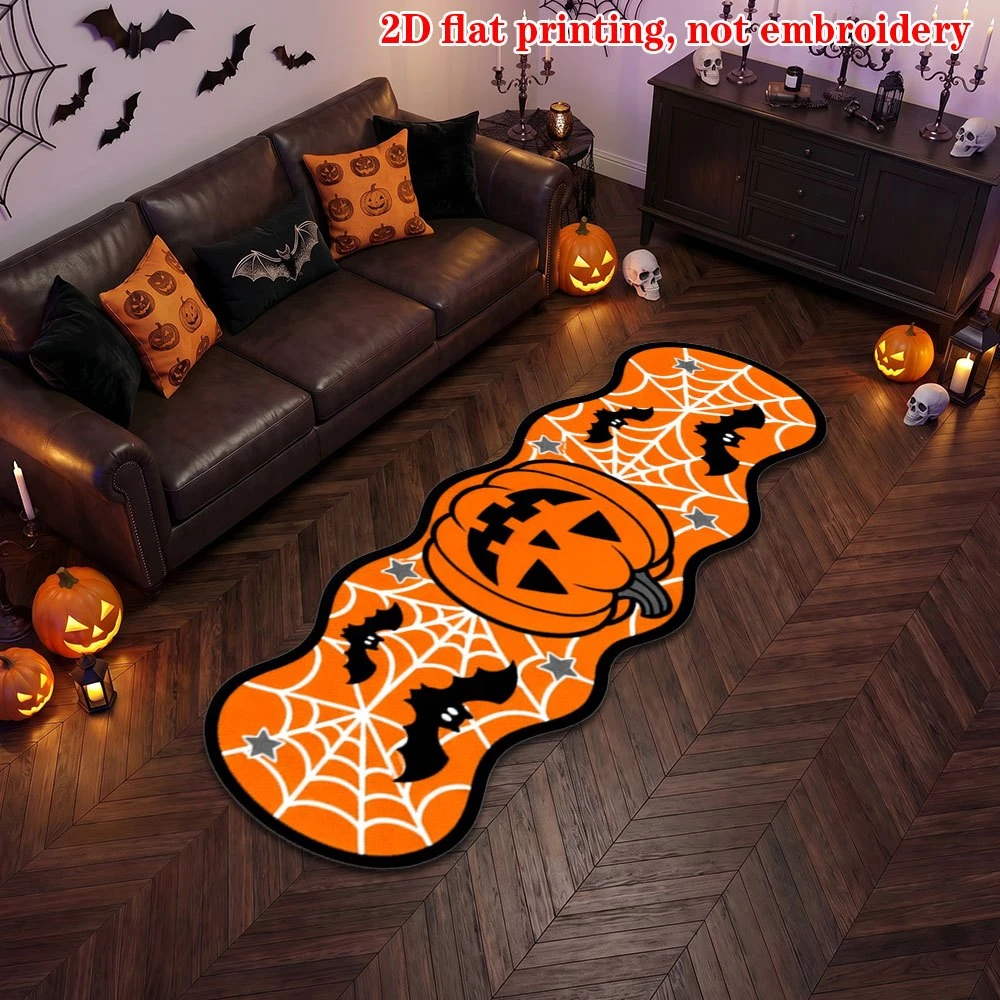 VIKAMA Orange Halloween Wavy Edge Runner Floor Rug Non‑Slip Pumpkin Spider Web Bat Long Mat for Indoor Holiday Party Home Decor