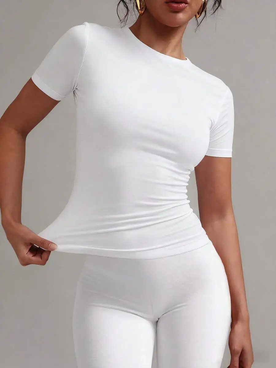 Camiseta Blanca de Manga Corta para Mujer, Corte Ajustado, para Verano, Uso Casual o Deportivo