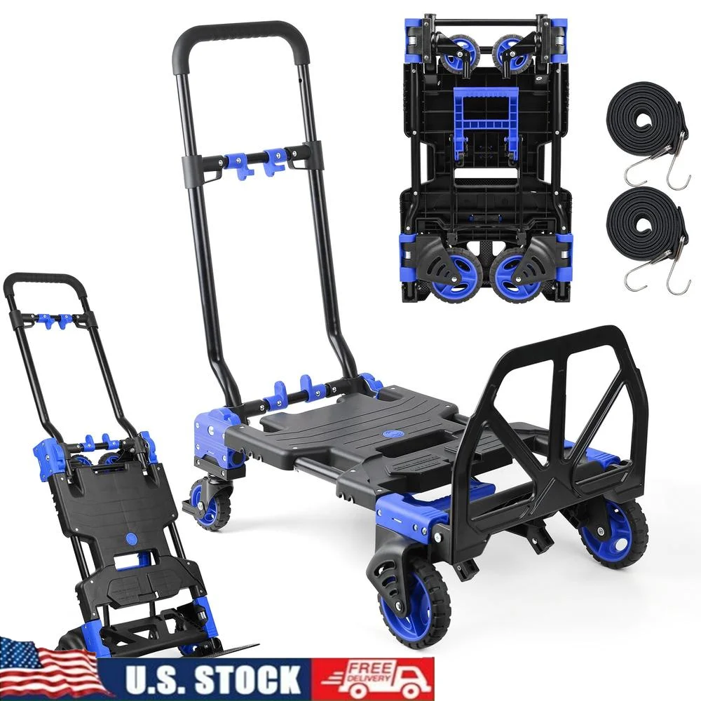 Collapsible Heavy Duty Folding Dolly Cart 330LB Capacity with Retractable Handle 4 Wheels and Adjustable Bungee Cords Portable