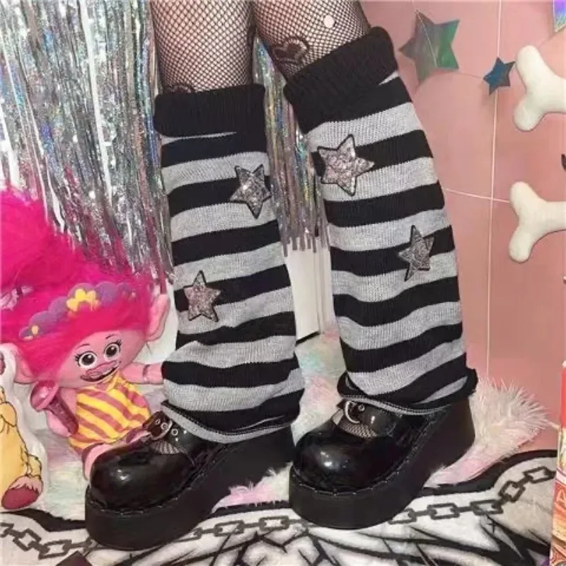 

New Bling Star Y2k Wool Knitted Legs Warmers Striped Wide Leg Flared Socks Japanese Star JK Boot Cuffs Lolita Socks Knit Sock