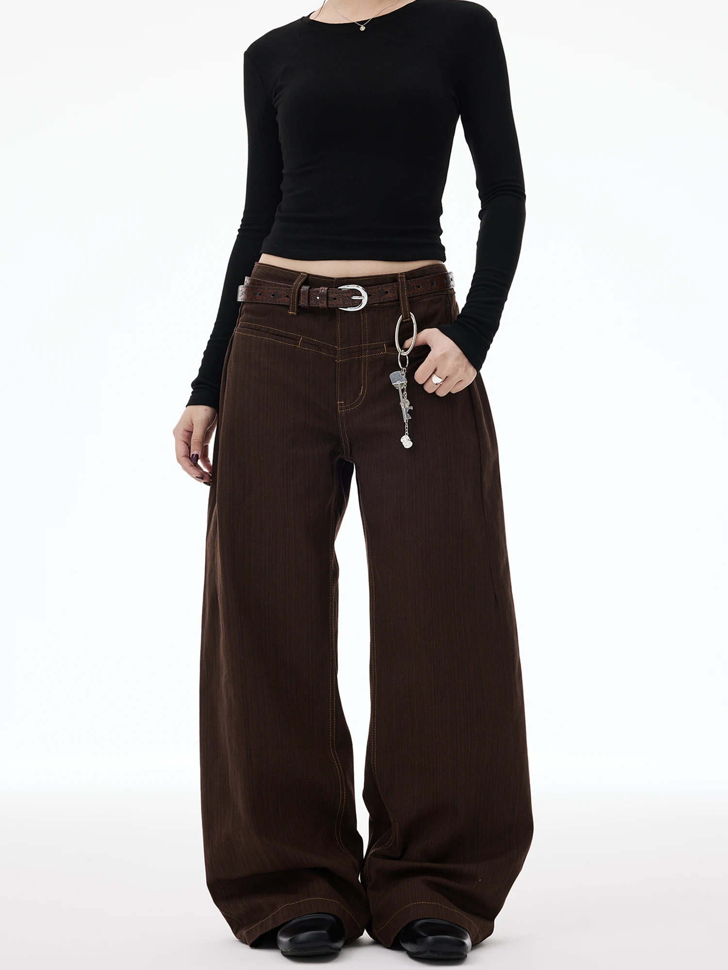 

Бесплатные американские широкие джинсы с вышивкой в стиле ретро Sonata, женские свободные брюки в полоску, универсальные повседневные брюки прямого кроя