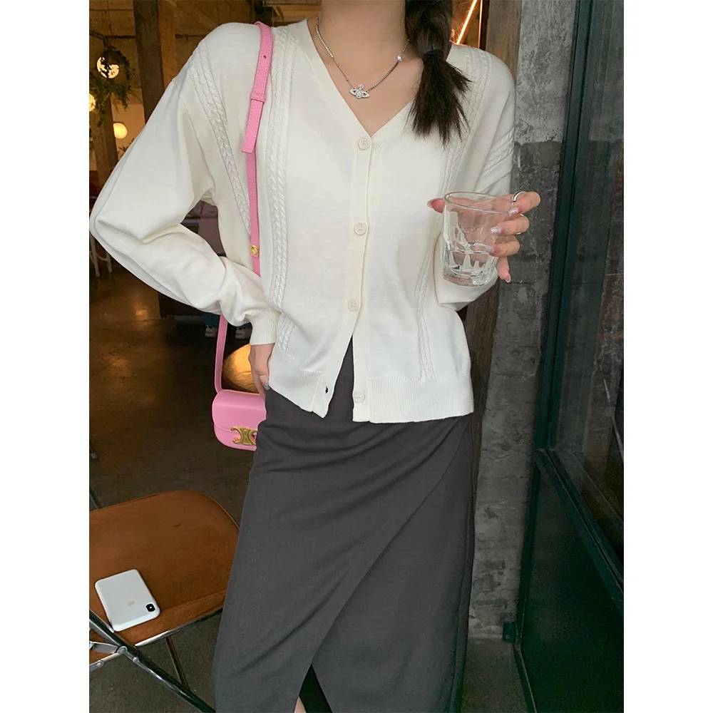 

Pijiu Knitted Sweater Closure 5 Striped Pattern Long Sleeve V-Neck Open Cardigan Style Regular Length Commute Fashion