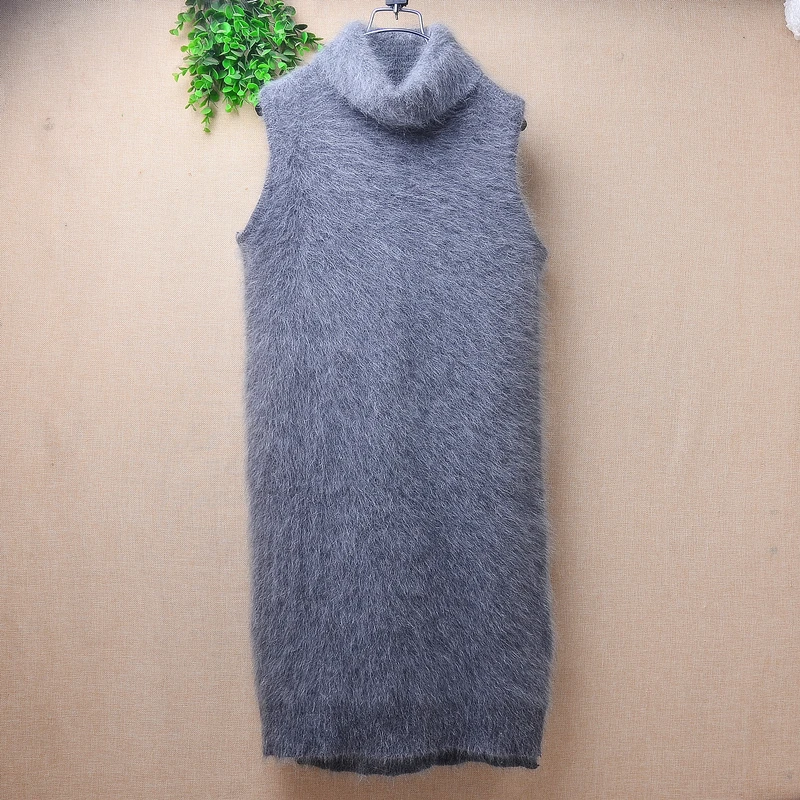 04 Ladies Women Fall Winter Clothing Hairy Angora Rabbit Hair Knitted Sleeveless Turtleneck Slim Blouses Vest Mink Fur Sweater