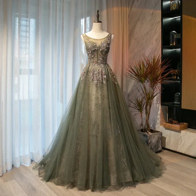 Evening Dresses Green Tulle Glitters O-neck Sleeveless A-line Floor-Length Trailing Lace Up Plus size Party Formal Gowns Woman