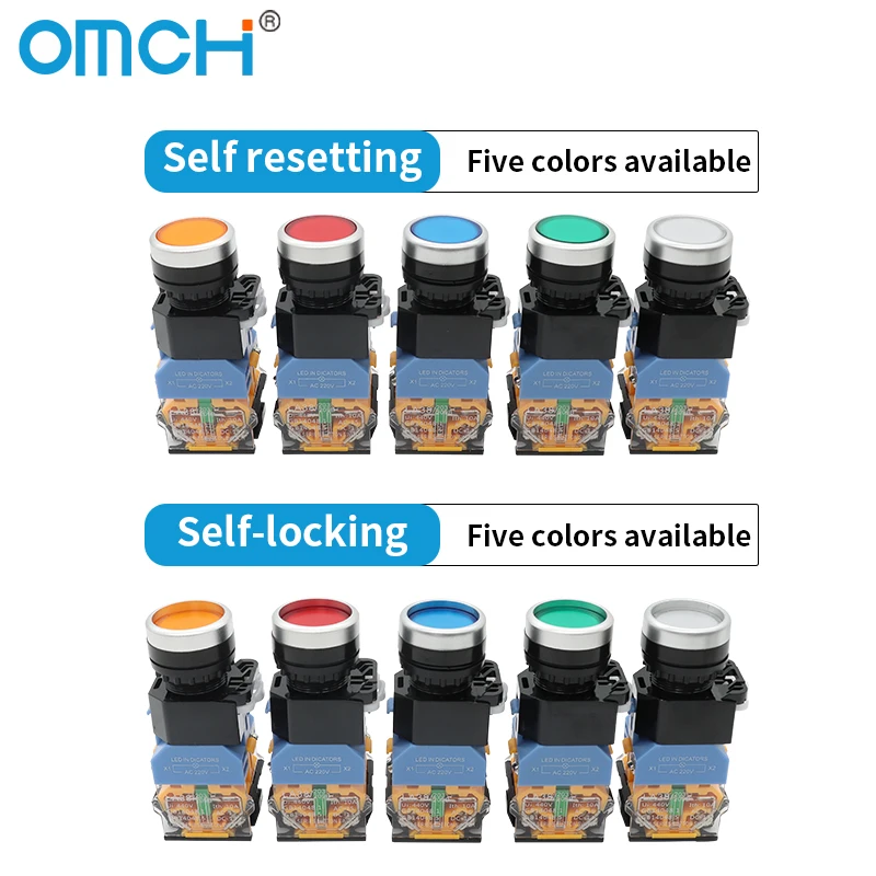 OMCH LA38-11D/LA38-DZS Flat Button Switch with Light 22mm Self-resetting Self-locking AC220V AC380V DC12V DC24V Control Button