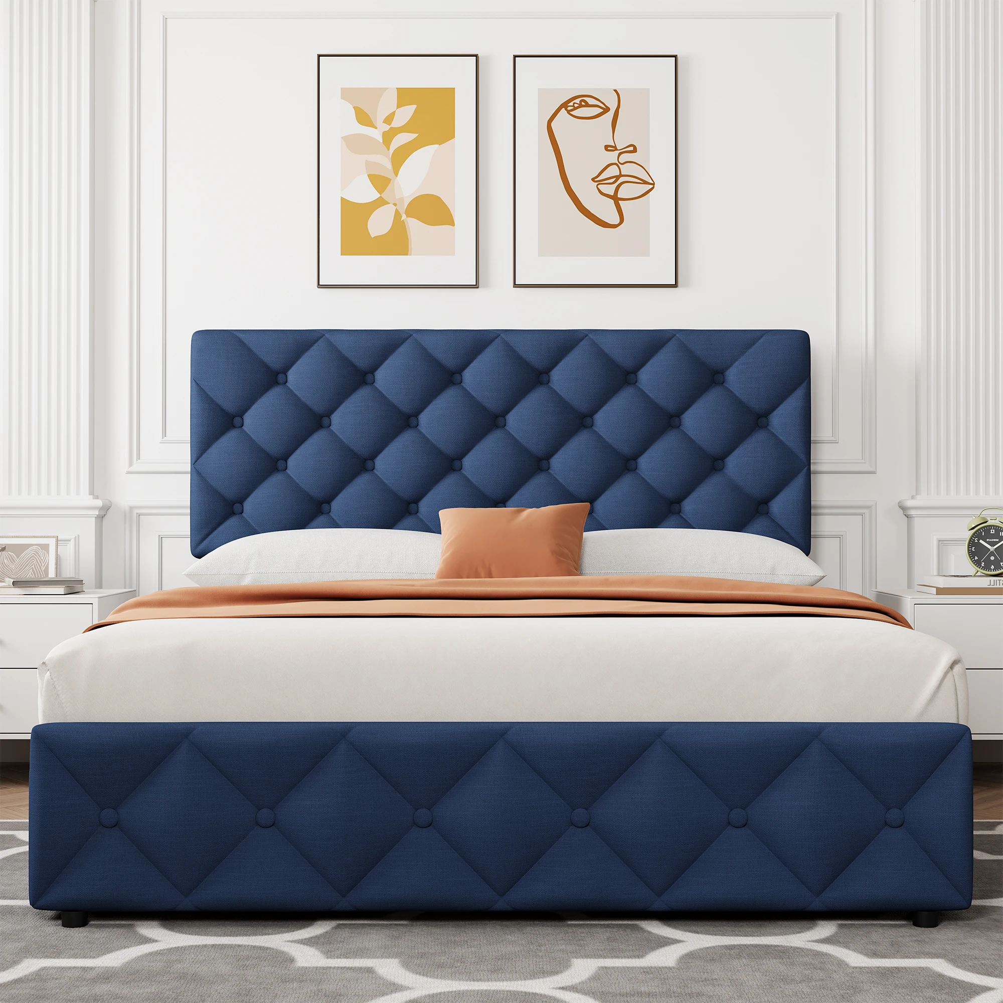 Queen/Full Upholstered Platform Bed Frame with 4 Storage Drawers, Diamond Tufted Headboard, Wooden Slats, No Box Spring Needed, Easy Assembly & Noise-Free - Dark Grey/Beige