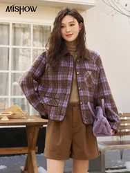 MISHOW Plaid Woolen Coat Women Autumn Winter Vintage Loose Single Breasted Jacket British Style Outerwear Tops Female MXC53W0121