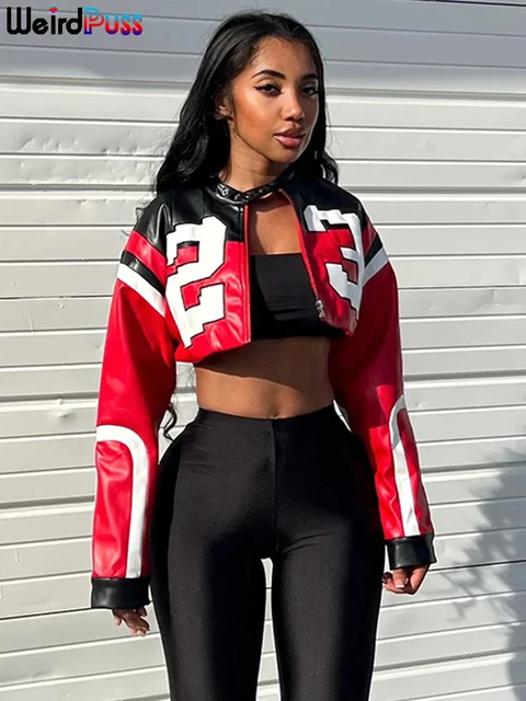 Weird Puss Faux Leather Varsity Jacket Women Hipster Letter Print Autumn Casual Sporty Wild Streetwear Uniform Trend Crop Coat Weird Puss Faux Leather Varsity Jacket Women Hipster Letter Print Autumn Casual Sporty