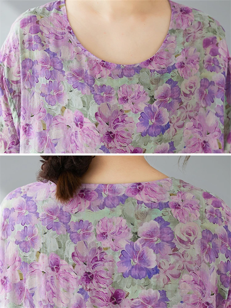 Vestidos Vintage de algodón de manga corta para mujer, vestido informal holgado largo de color morado claro, Vestidos elegantes para mujer, ropa de verano