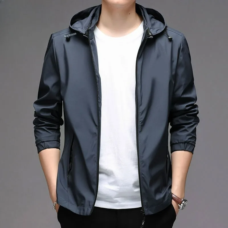 

Spring Autumn High-End Men Jacket Young and Middle-Aged Large Size Thin Hooded Coat Casual Fashion Solid Color Windproof Outwear