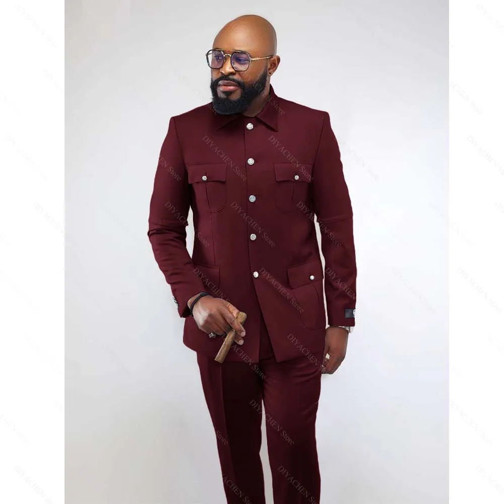 Trajes elegantes con cuello levantado para hombre, trajes informales inteligentes ajustados con una hilera de botones, esmoquin para fiesta de boda, traje masculino de dos piezas de Color sólido