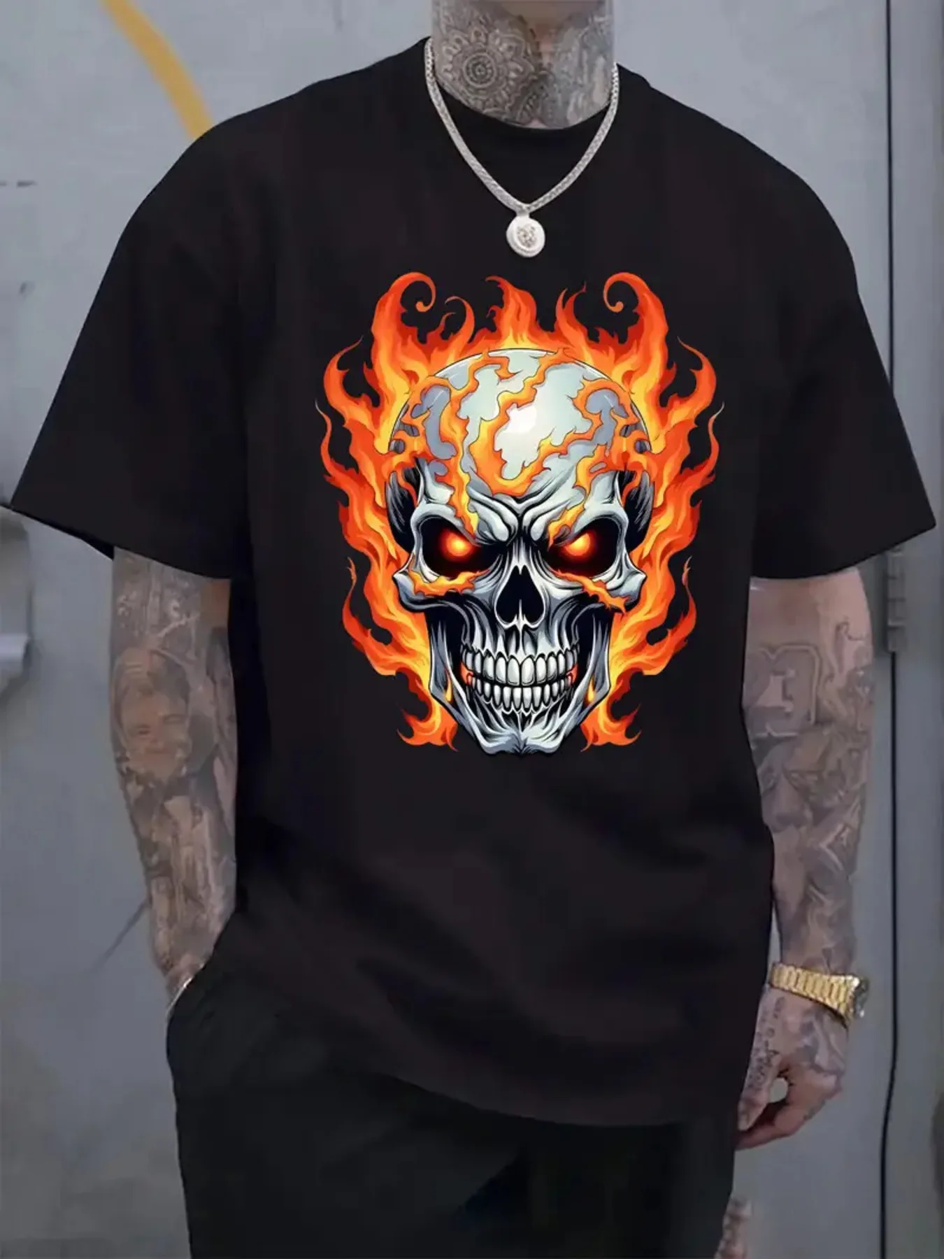 Men Short Sleeve Crew Neck T‑Shirt Fiery Flame Skull Glowing Red Eyes Gothic Street Casual Tops