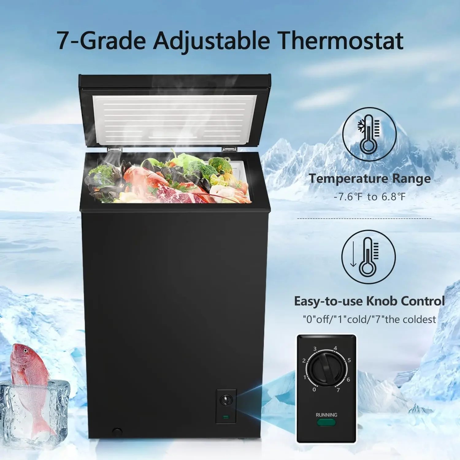 .FLAME Freezer horizontal 2,8 pés cúbicos, pequeno freezer com cesta, temperatura ajustável, economia de energia, porta aberta superior Mini C