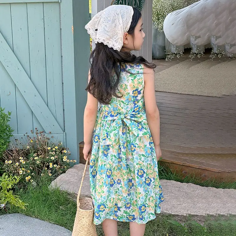 Summer girls' cotton vest skirt, pure cotton dress, floral countryside style, Korean version, loose fit