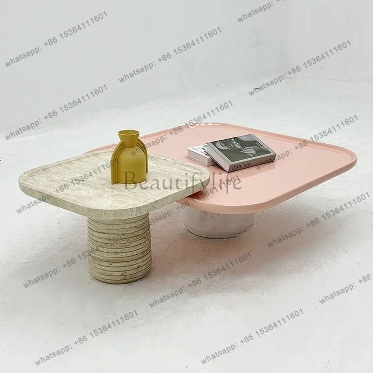 YJ Italian wabi sandy wind natural marble coffee table designer model room small apartment coffee table