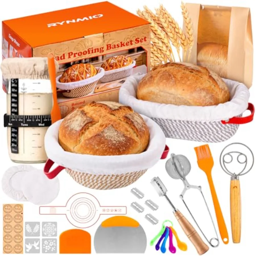 

Sourdough Starter Kit, 24oz Starter Jar, 2 Cotton Rope Banneton Bread Proofing Basket Set, 9'' Round and 10'' Oval Baskets with