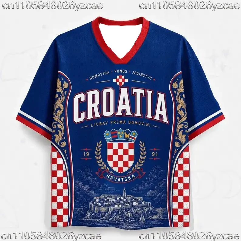 Unisex Croatia Checkerboard Print Football Jersey Quick Dry Breathable Sports T-Shirt Men Women V Neck Soccer Training Top
