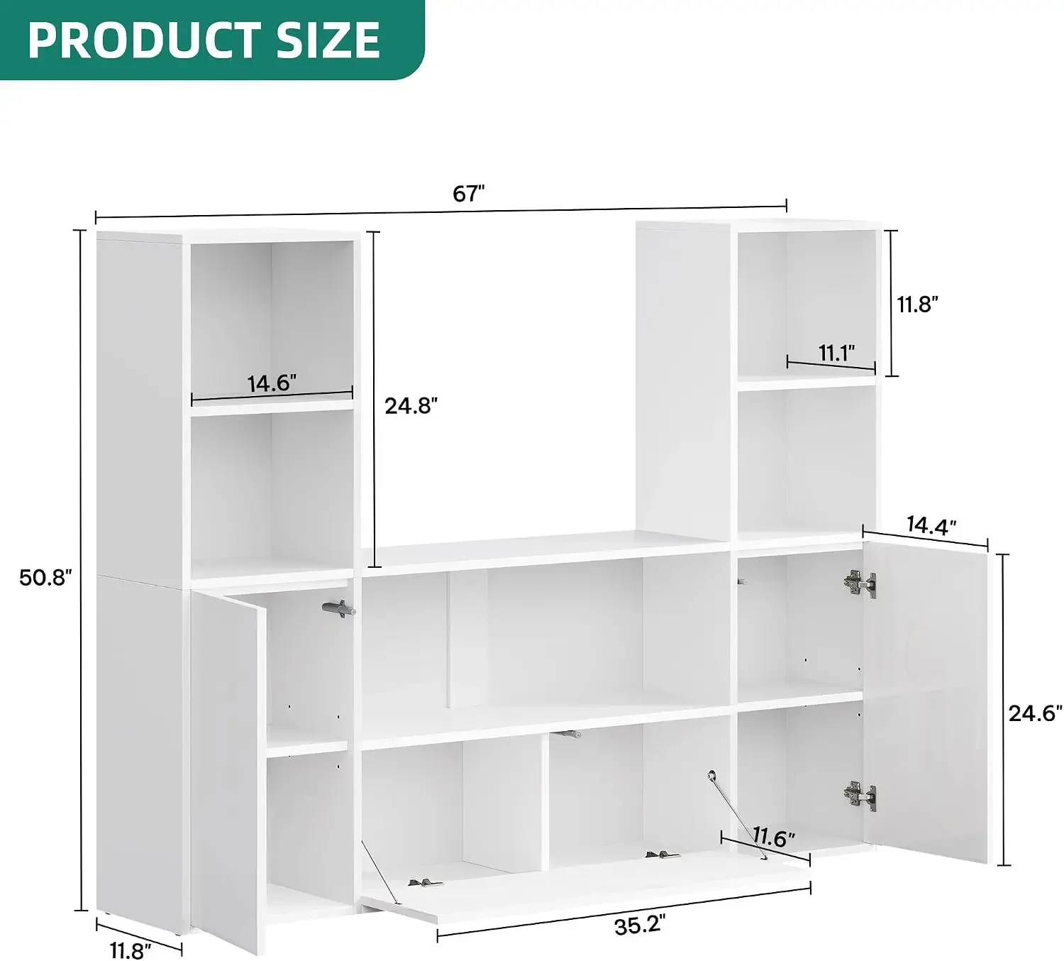 Castle Bookcase with Storage & Adjustable LED Lights | U-Shaped White Bookshelf with Cabinet, UV High-Gloss Display Unit, Cube