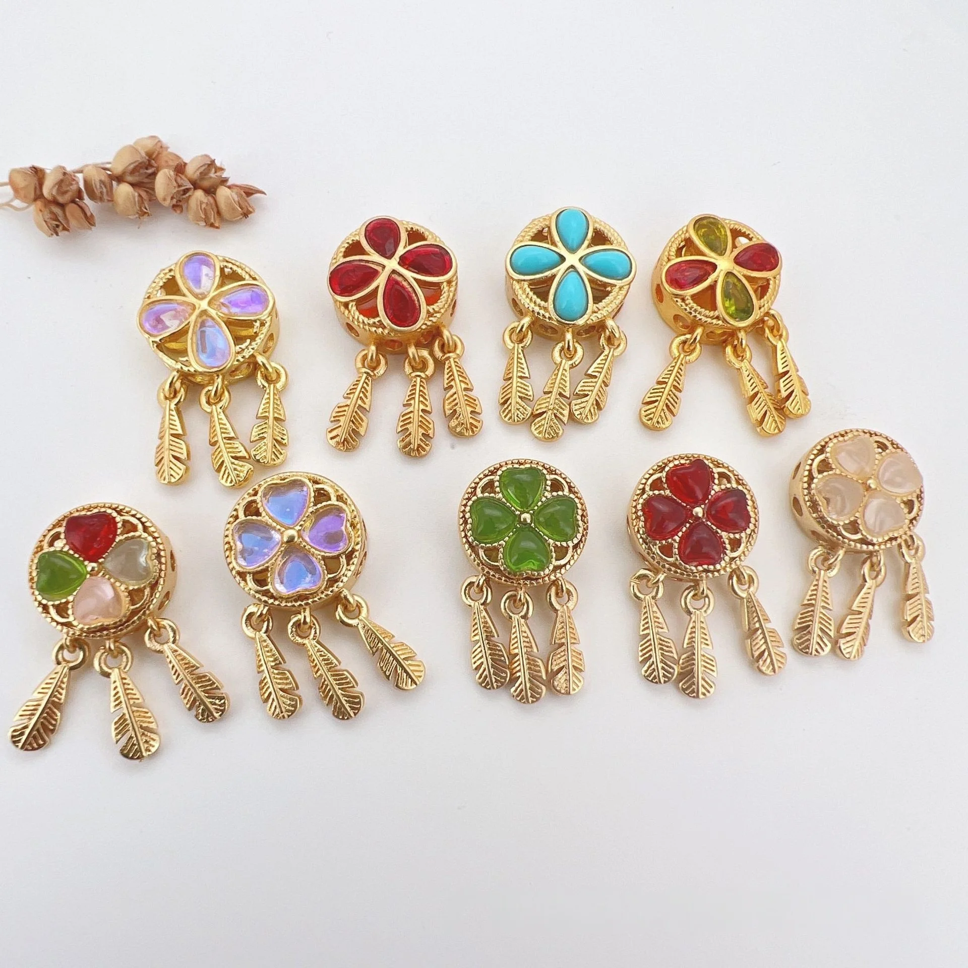 7 Pieces Copper Gold-plated Inlaid Moonstone Dreamcatcher Pendant Spacer Beads Diy String Necklace Jewelry Accessories Wholesale