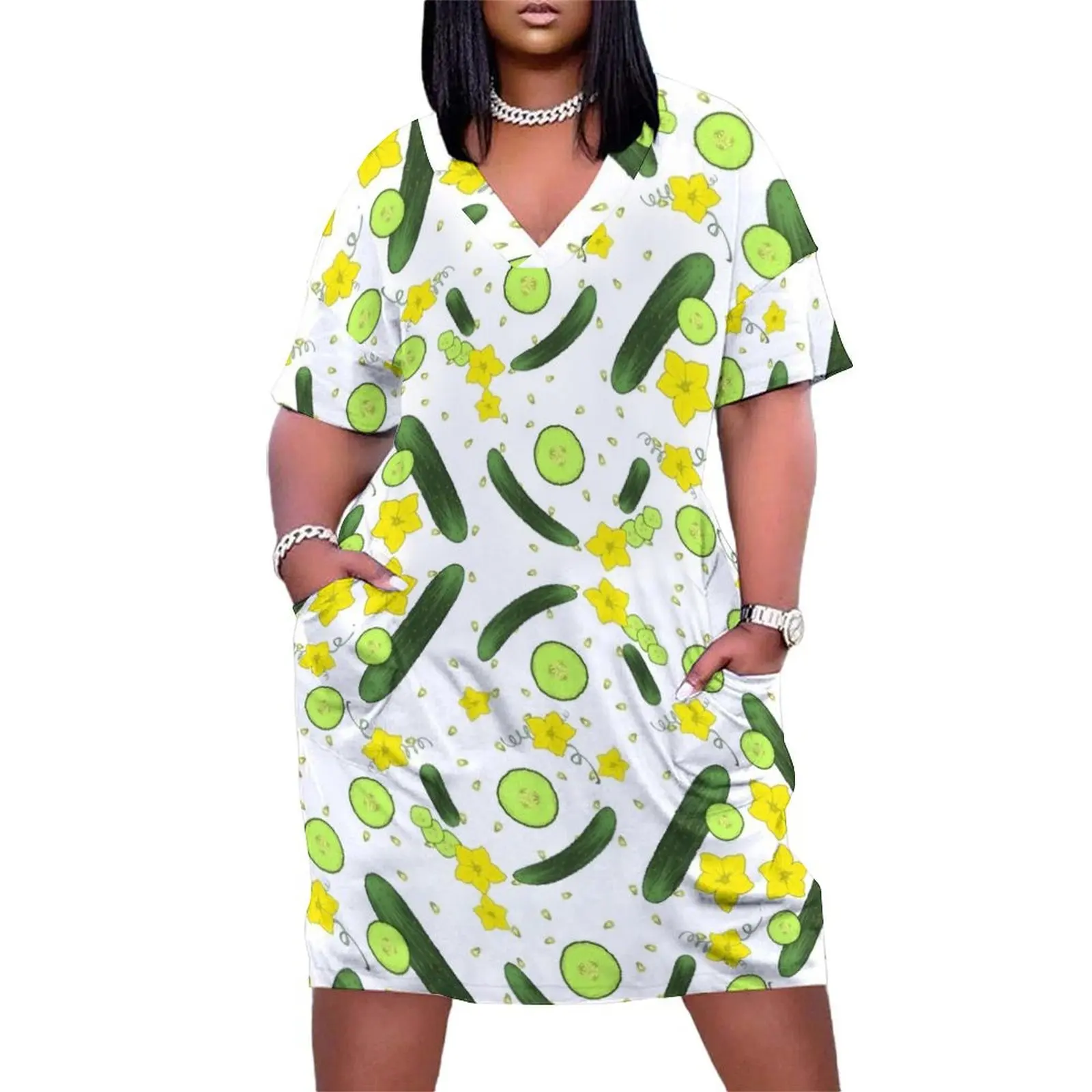 Cucumbers pattern with flowers green and yellow Loose Pocket Dress summer dress for women 2025 women party dresses