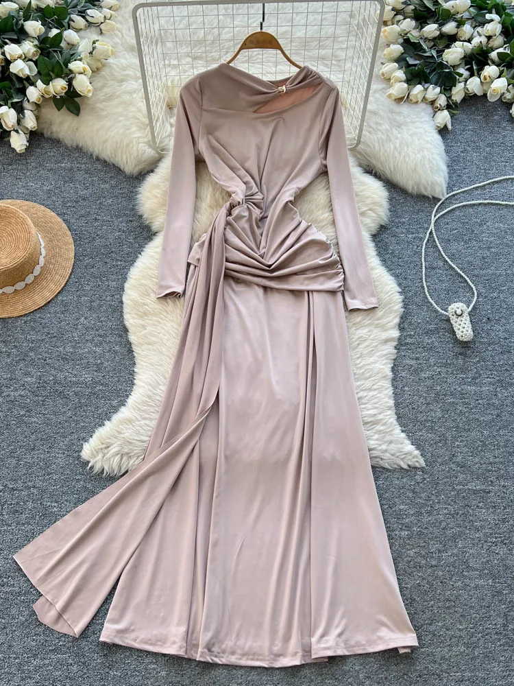 Foamlina Elegant Solid Long Sleeve Formal Evening Prom Dress with Cut Out&Ruched Design Slim Bodycon Maxi Gown for Wedding Party