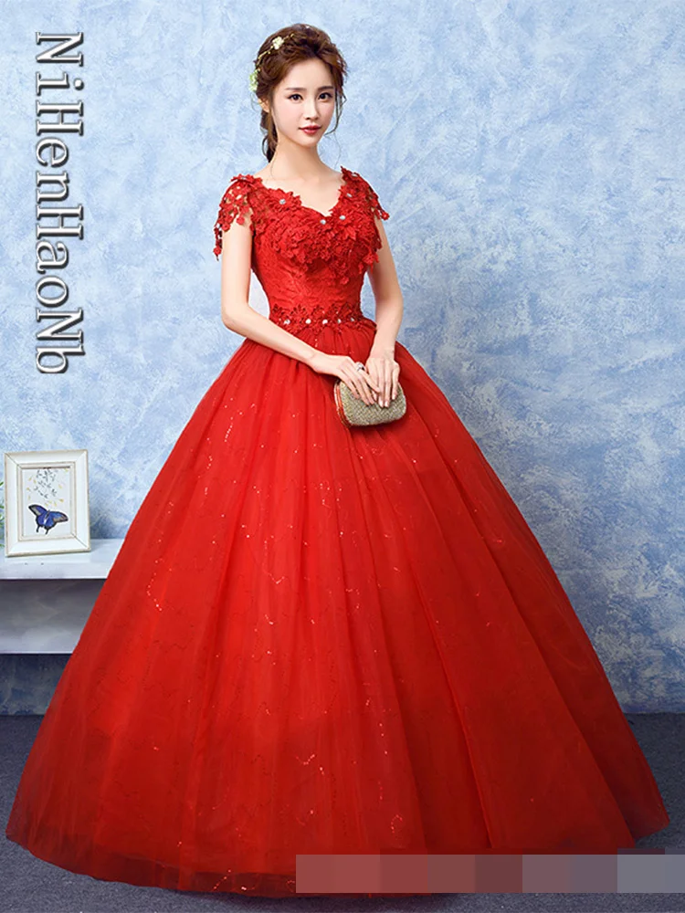 Vestido De novia rojo con cuello en V, traje De baile Vintage, bordado De encaje, 2023