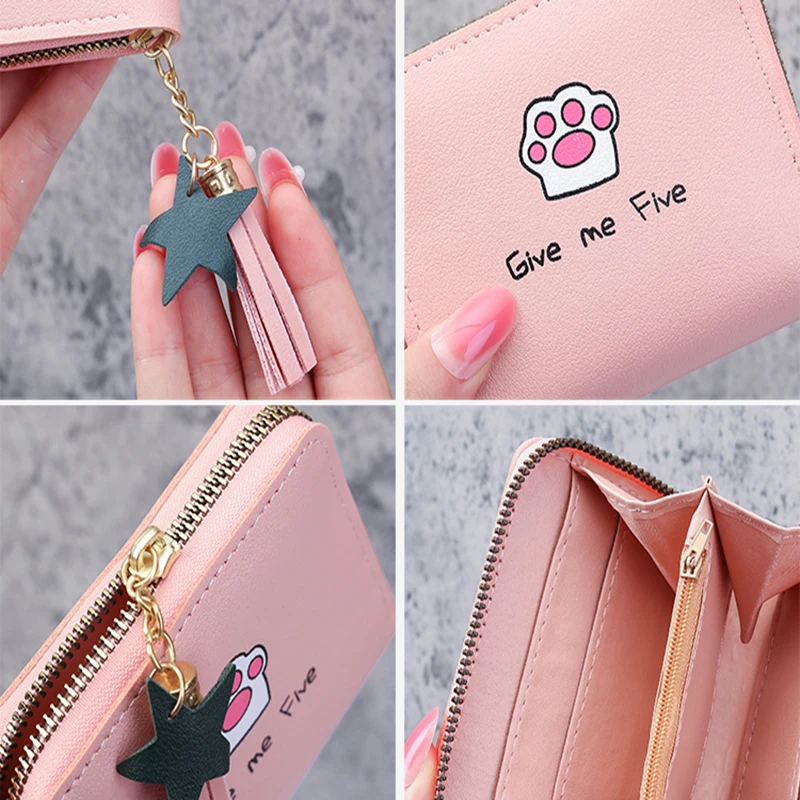 Portefeuilles en cuir PU imprimé dessin animé Kawaii pour femmes, petit mini sac d'argent, porte-monnaie, rangement pliable, pompon, porte-cartes pour étudiants