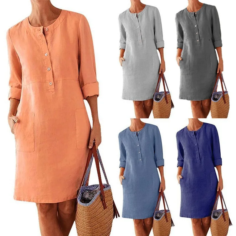 Women Casual Soild Long Sleeve Cotton And Linen Tunic Dress Vintage Straight Dress Long Sleeve Oversized Mini Knee-Length Dress