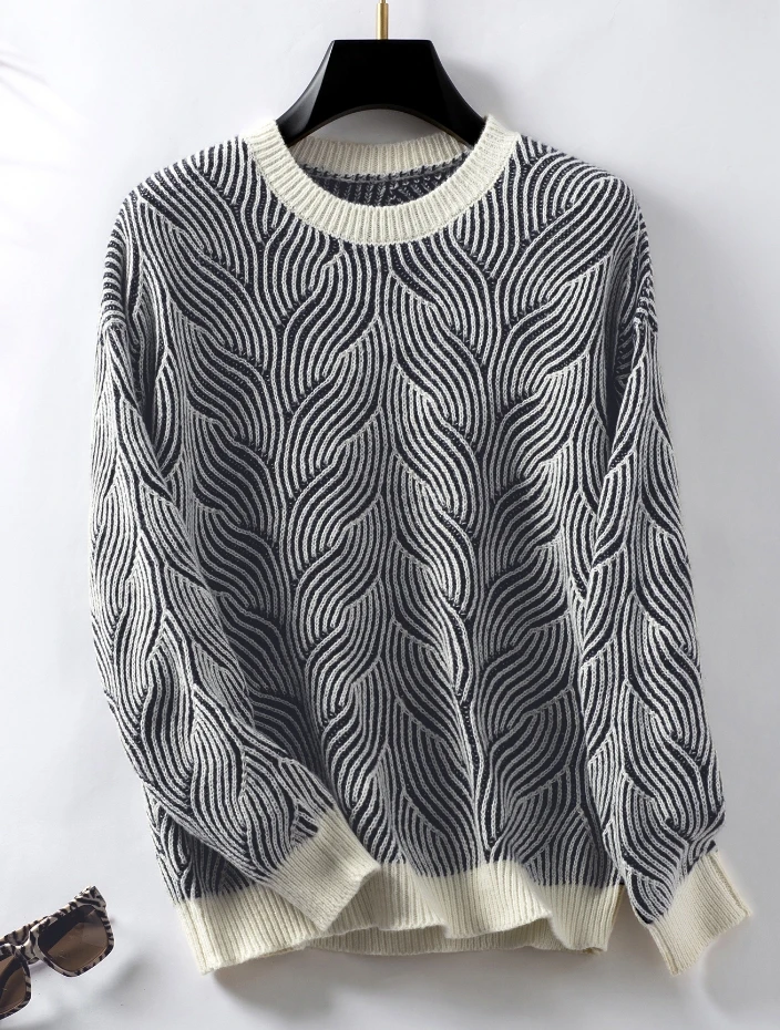 New Autumn and Winter Women's Retro Casual Striped Pullover Loose Long Sleeved Contrasting Knitted Sweater In Stock