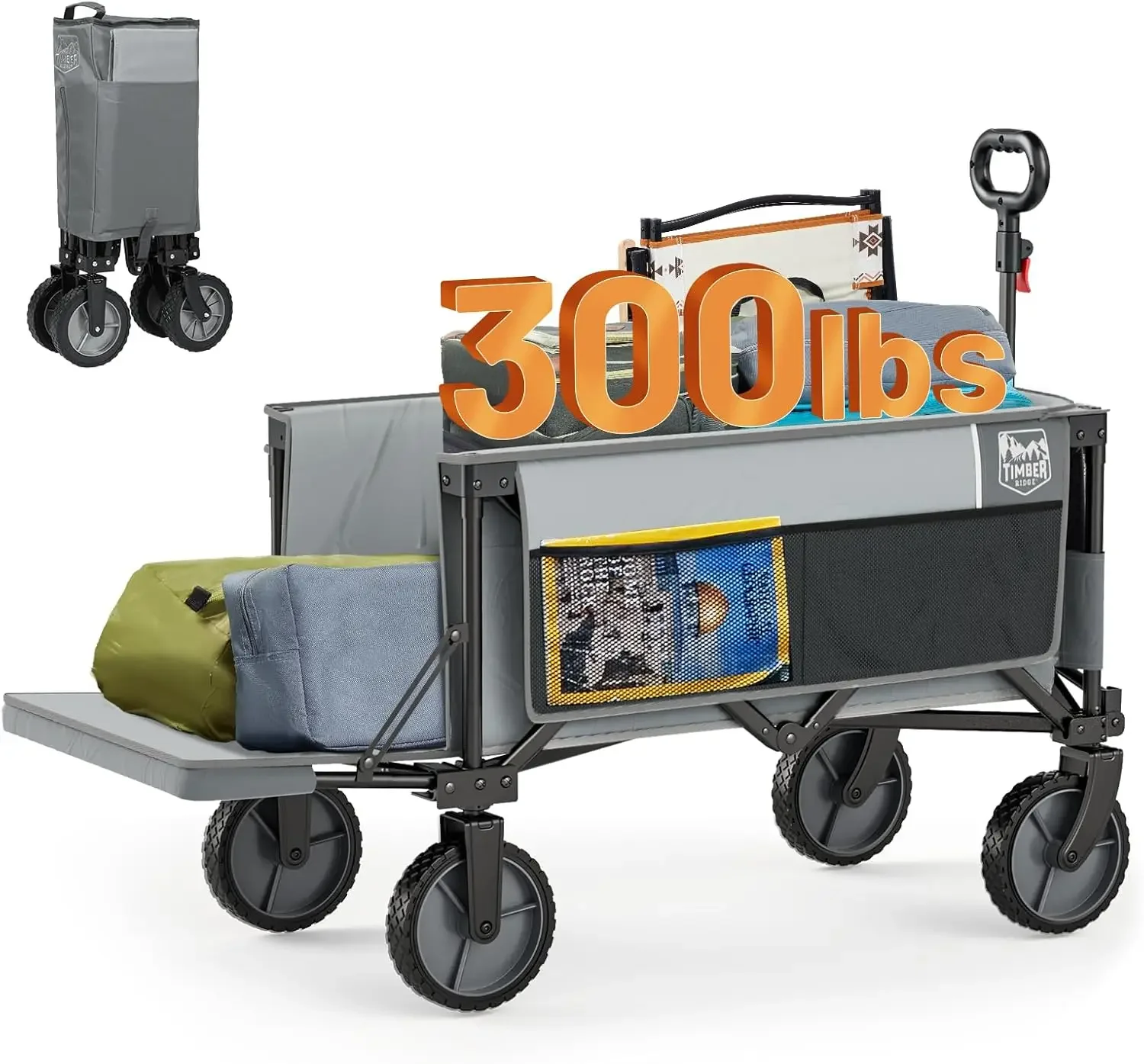 Folding Wagon Cart with Tailgate, 300lbs Heavy Duty Foldable Utility Wagon with Adjustable Handle