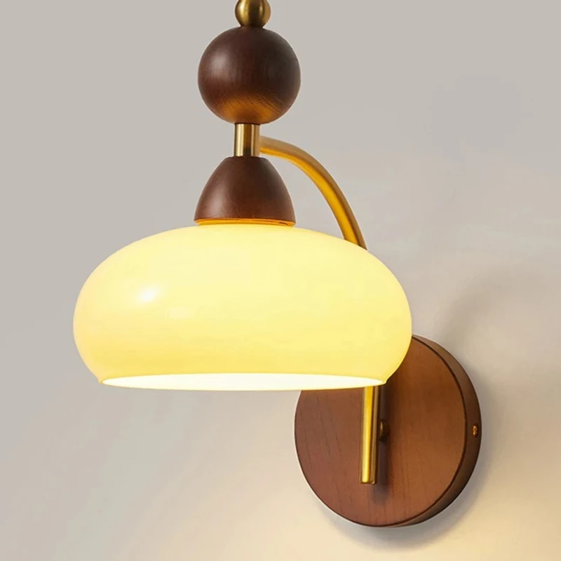 Neoclassical Wood Wall Sconce Lamp with High CRI and Anti-Blue Light LED Warm Japanese Glass Wall Lights Bedside Atmosphere Lamp