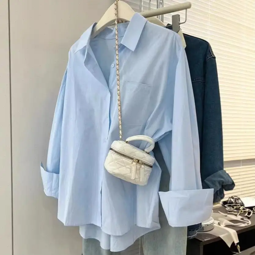 Blouses Women Shirt Vintage Solid Turn Down Collar Full Sleeve Tops Y2k Streetwear Elegant Shirts Work Casual Loose 2026 Spring