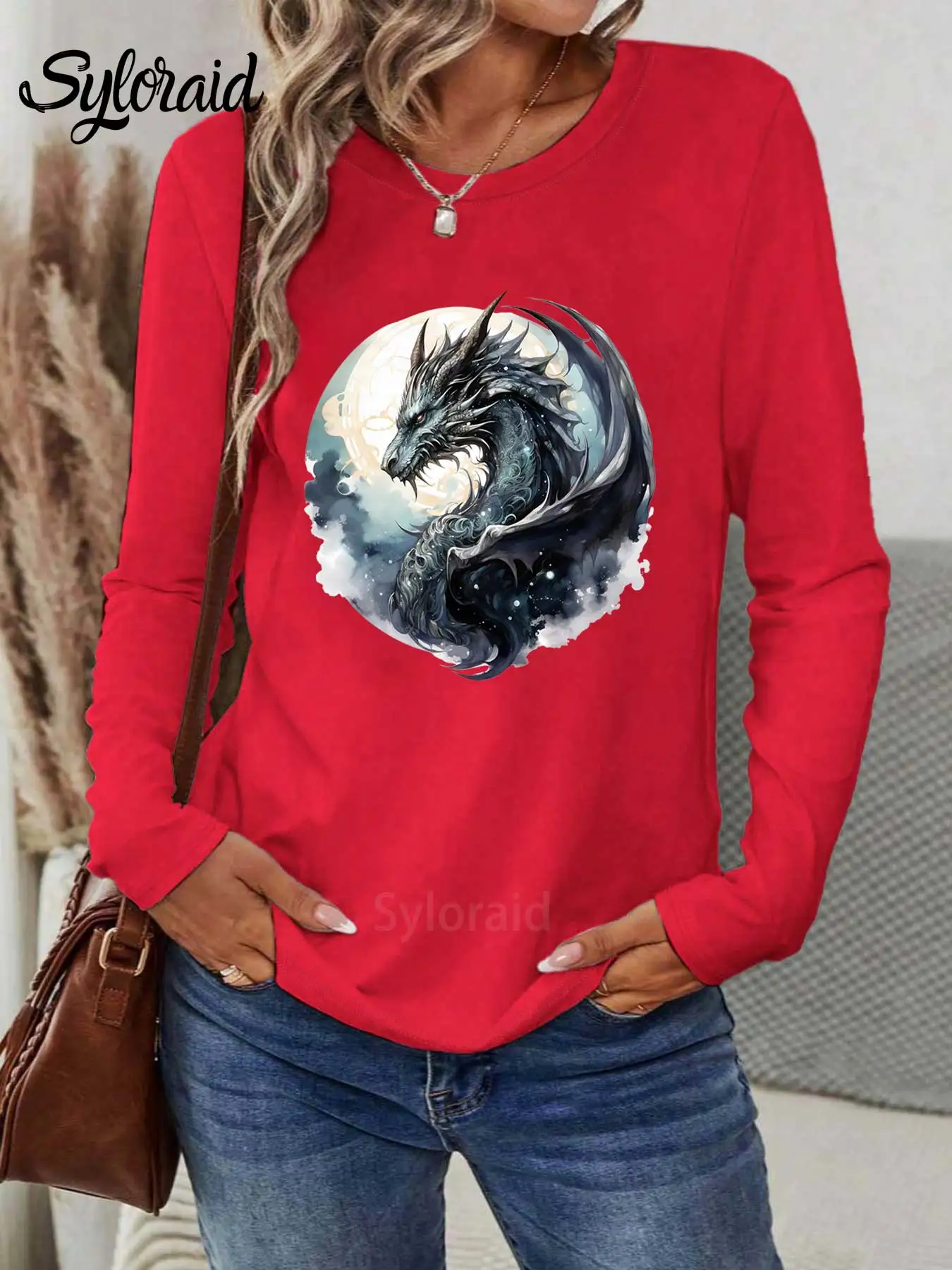 レディース長袖Tシャツ 天体ドラゴングラフィックTシャツ ファッションラウンドネックカジュアルトップ