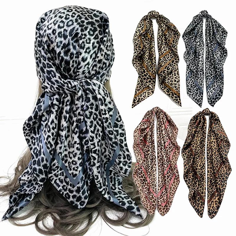 

Simulated silk scarf for women, 90cm polyester square scarf, leopard print scarf, Moslin headband