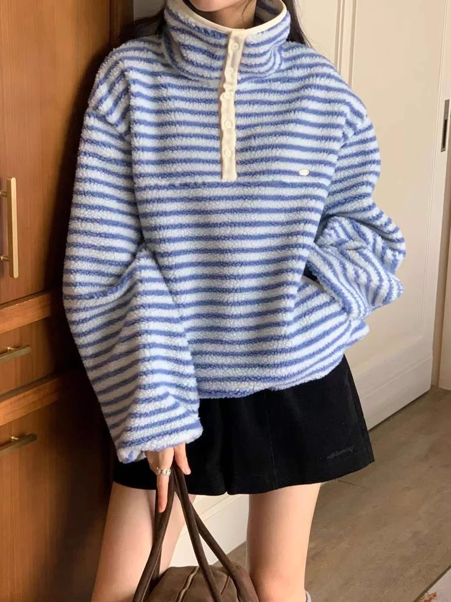 Damska bluza oversize z kapturem, kurtka w paski, kolorowy blok, nowa zimowa bluza z dużym kołnierzem, luźna góra, styl koreański, długa bluza.