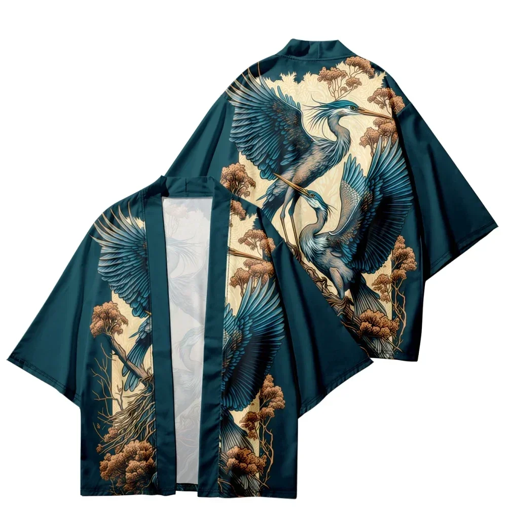 Japanese Crane Pattern Casual Kimono Summer Beach Shirt Cardigan Haori 2024 Traditional Yukata Oversized Top for Men and Women