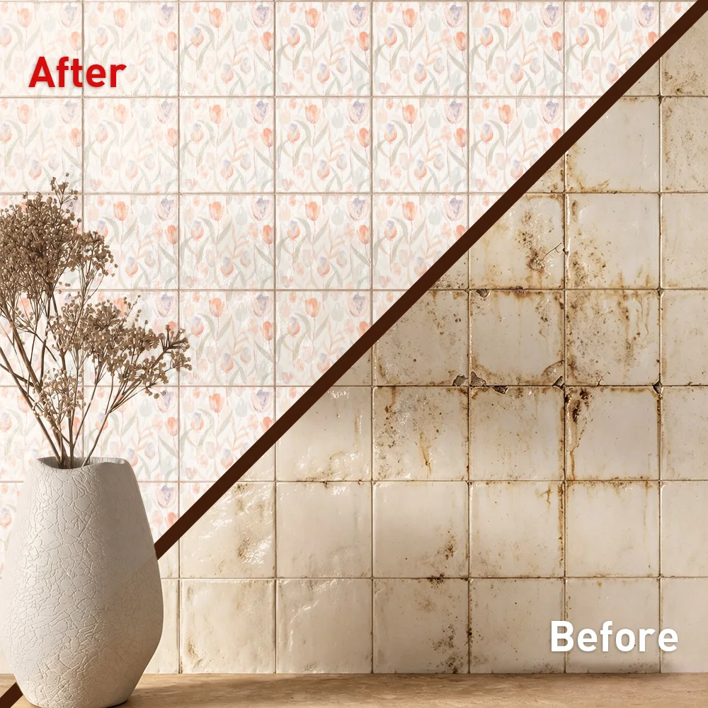 Tulip Tile Stickers Waterproof Peel and Stick Self Adhesive Oil Proof Backsplash Decals Floral Wallpaper Kitchen Bath Decor