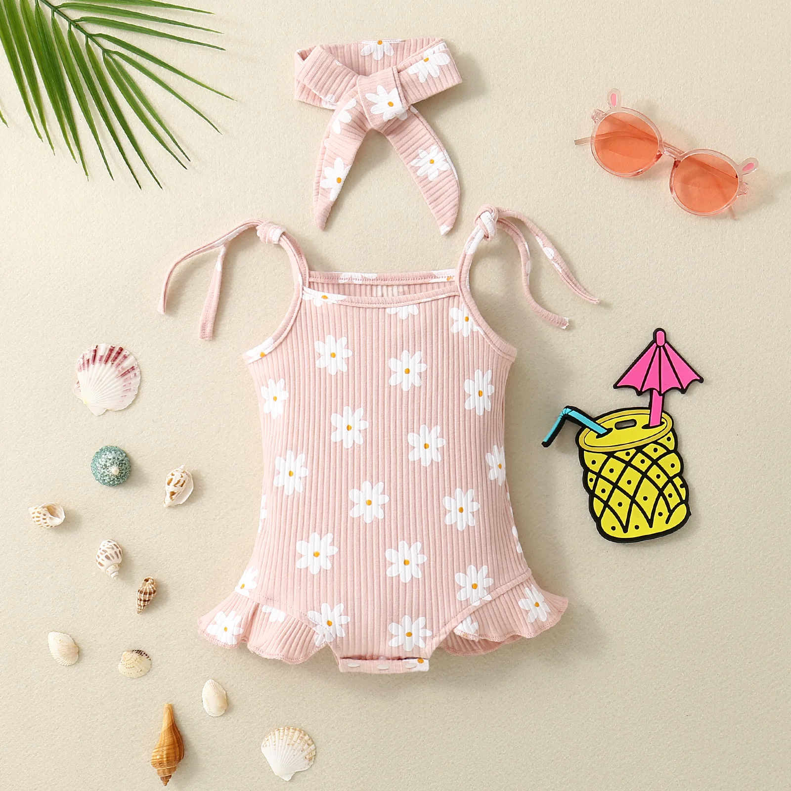 2PCS Summer Girl Crawling clothes Short Sleeve Cotton Short Sleeve Round Necked Striped Clothes with Flower Printing Headband