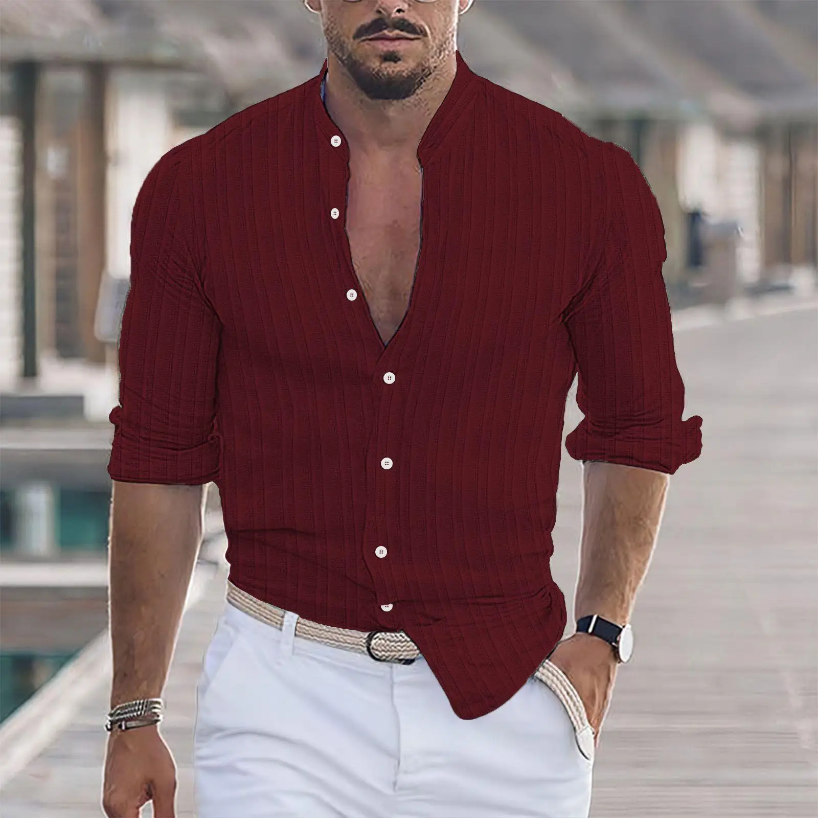 

Men's Long Sleeve Textured Shirt Vertical Print Resistant to Deformation Summer Casual Fashion Inner Wear 3D Effect