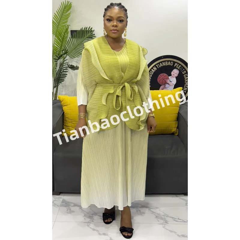 

Tie Gradient Colour Round Neck Long Sleeve Top High Waist Pleated Half-body Skirt Two-piece Set Miyake 2025 Summer Women's Suit