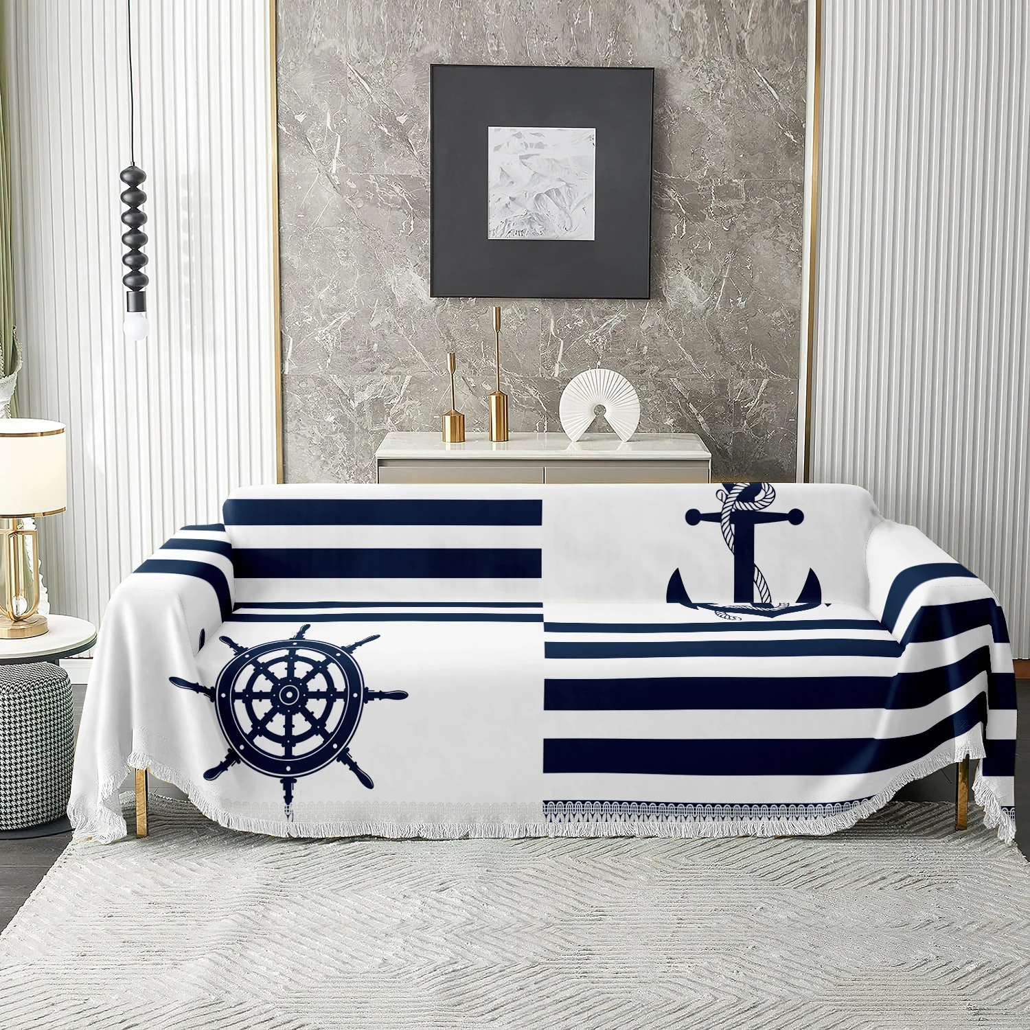 1pc Nautical Anchor Ship Wheel Sofa Throw Blanket, Fringe Tassel Couch Cover for Living Room, Soft Washable Protector