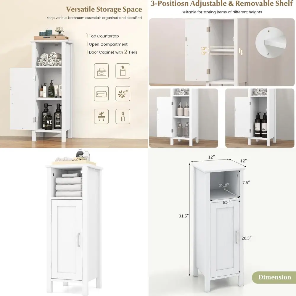 

Белый отдельностоящий узкий напольный шкаф для ванной комнаты с регулируемыми полками для хранения вещей в гостиной, на кухне и в прихожей