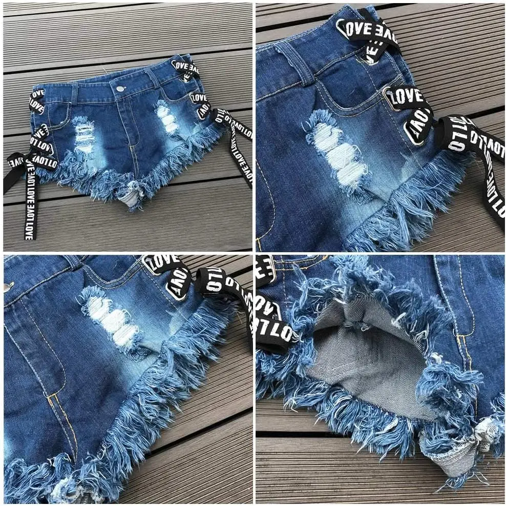 Women's Frayed Denim Shorts Sexy Lace Up Mini Hot Pants Cut Off Ripped Hole Booty Shorts Jeans Clubwear