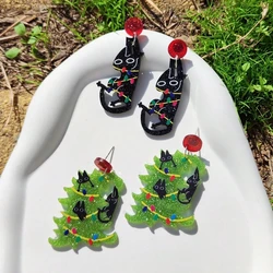 KUGUYS Christmas Black Cat Drop Earrings for Women Glitter Acrylic Tree Jewelry Funky Gifts Accessories