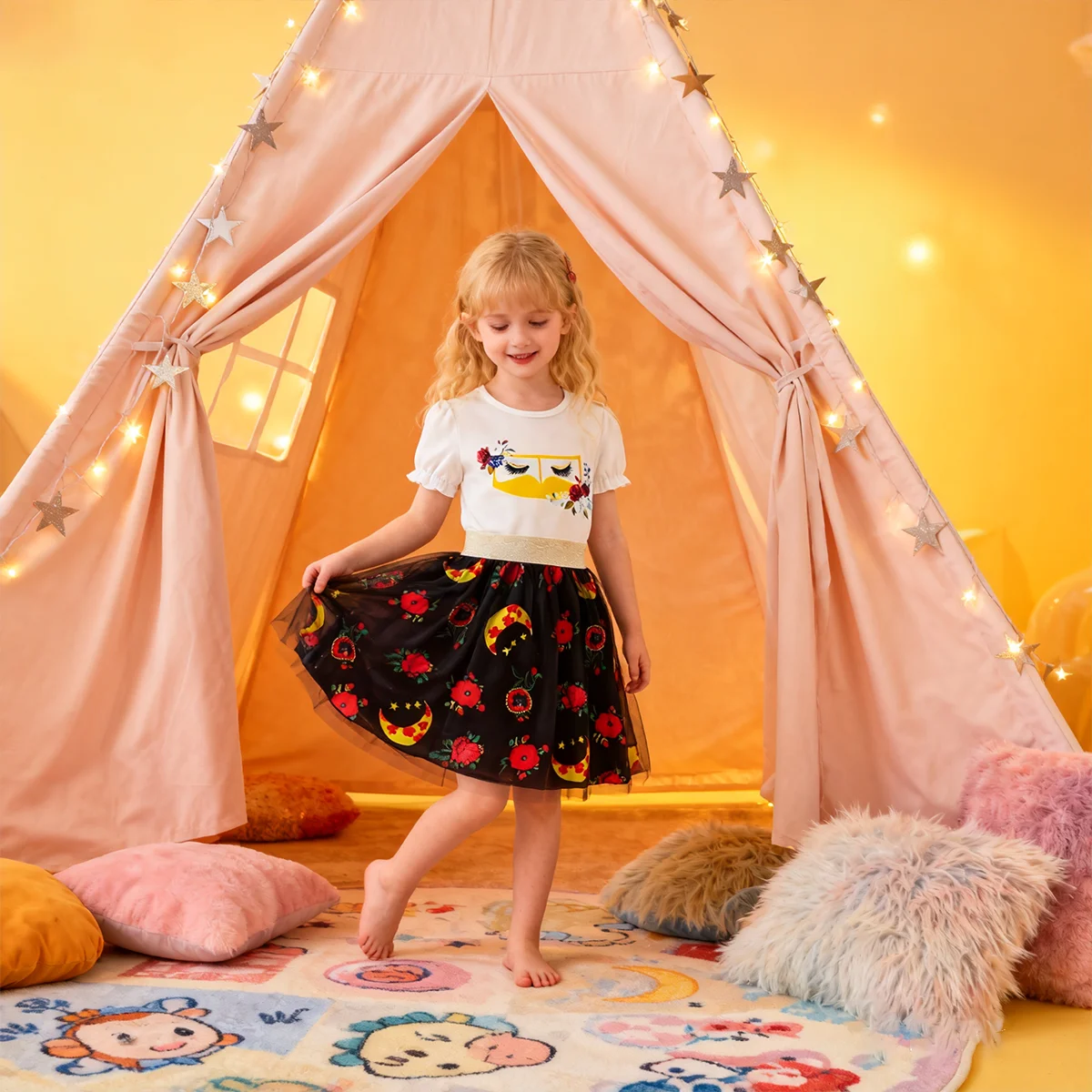 Girls 2-Piece Casual Fashion round Neck Bubble Sleeve T-Shirt And Digital Printed Mesh Skirt Set Solid Color Summer Outfit
