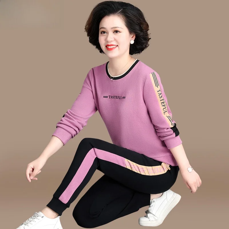 

Модный осенний спортивный костюм для мам: женский комплект из двух предметов с длинным рукавом, худи и свободные брюки больших размеров с круглым вырезом, весна-осень