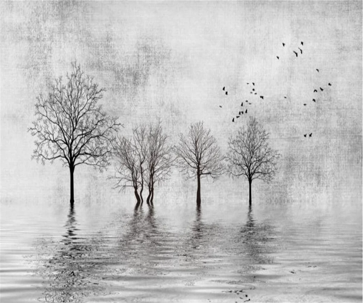 Custom Home Background Wall 3D Wallpaper Abstract Black & White Tree Water Reflection Photo Painting New Chinese Style Decor