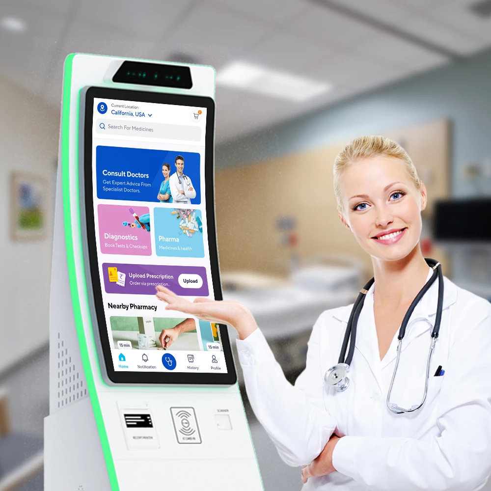 OEM Large Kiosk Facial Camera Keypad A4 Report Printer Patient ID/social Security Card Reader Self Service Kiosk in Hospital