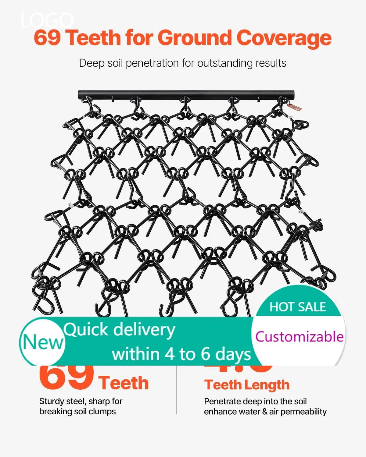 Drag Harrow 4 ft x 4 ft Durable Chain Harrow with 69 Sharp Teeth Suitable for ATV UTV Tractor, Ideal for Soil Preparation